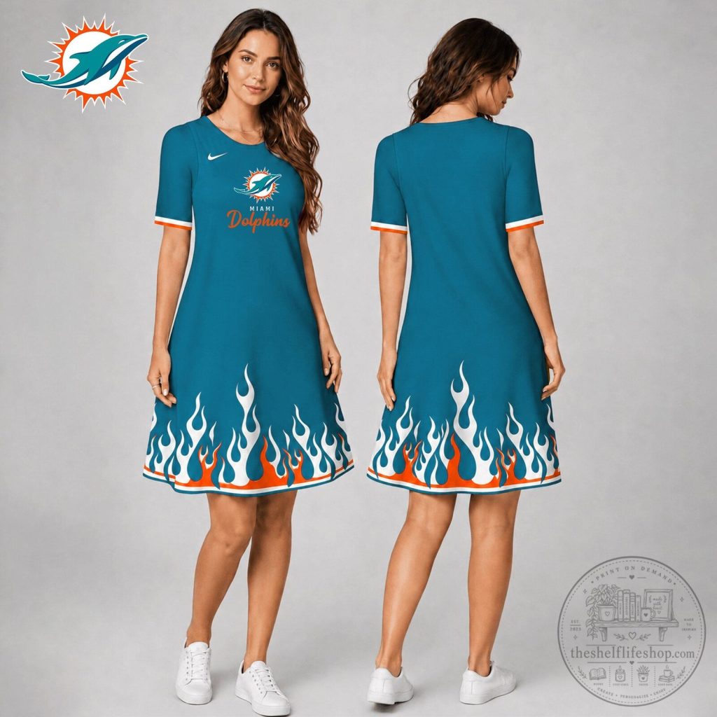 Miami Dolphins NFL Football Team Fan Flames Pattern Dress Miami Dolphins NFL Football Team Fan Flames Pattern Dress