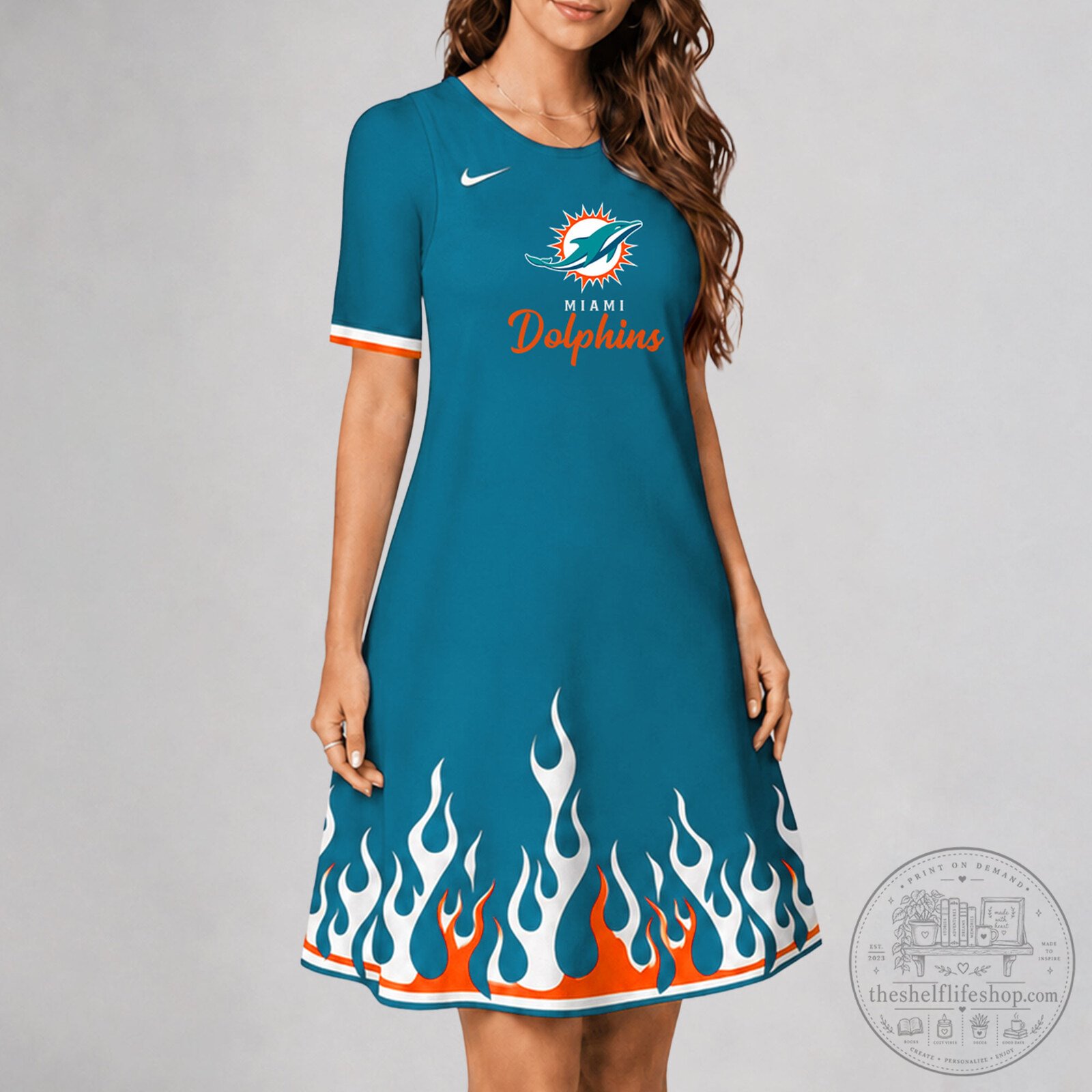 Miami Dolphins NFL Football Team Fan Flames Pattern Dress 8 Miami Dolphins NFL Football Team Fan Flames Pattern Dress
