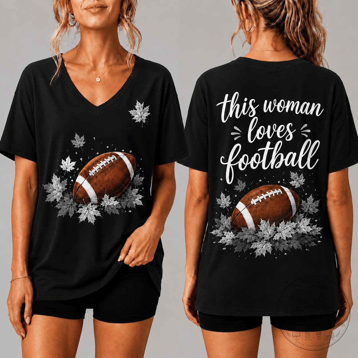 Black V-Neck T-Shirt for Women Featuring Football and Maple Leaves Design