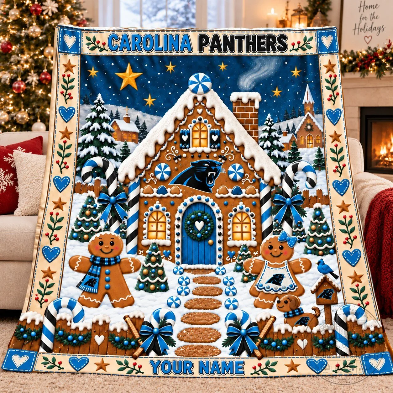 Carolina Panthers Gingerbread House Christmas Holiday Fleece Blanket