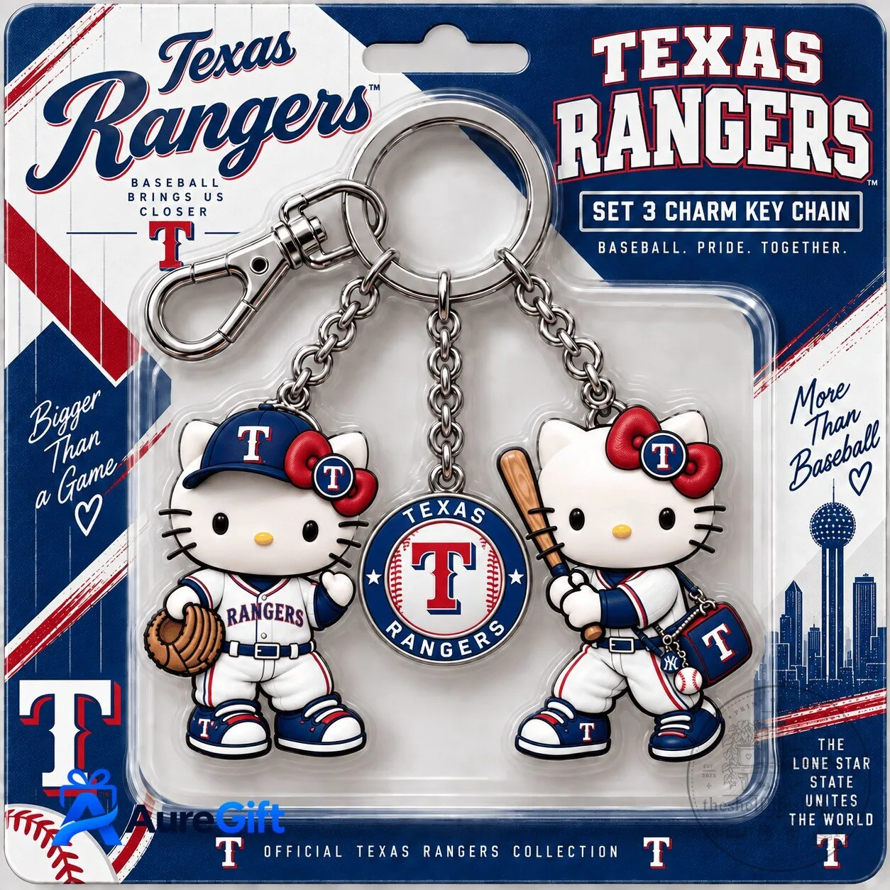 Texas Rangers Hello Kitty Baseball Player Charm Keychain Set