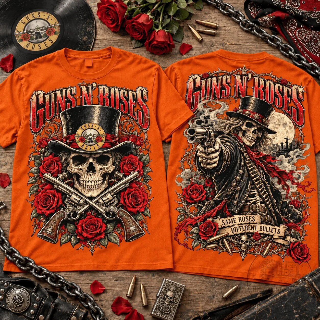 Guns N' Roses Skull and Roses Outlaw Graphic Rock Band T-Shirt