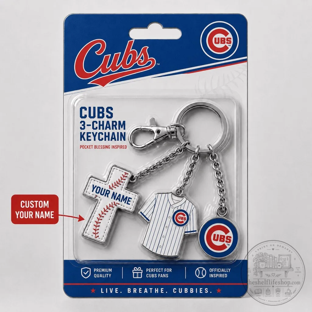 Chicago Cubs Baseball 3-Charm Keychain with Custom Name for MLB Fans Chicago Cubs Baseball 3-Charm Keychain with Custom Name for MLB Fans
