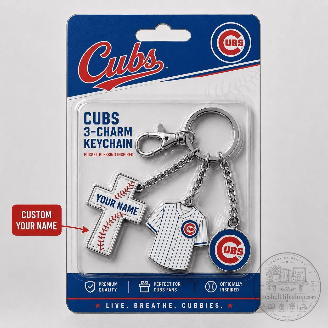 Chicago Cubs Baseball 3-Charm Keychain with Custom Name for MLB Fans