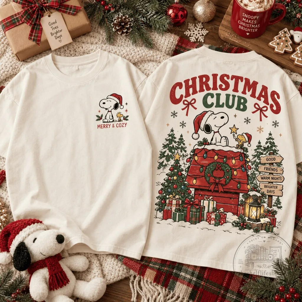 Snoopy Christmas Club Holiday Merry and Cozy Peanuts Fan T-Shirt Snoopy Christmas Club Holiday Merry and Cozy Peanuts Fan T-Shirt