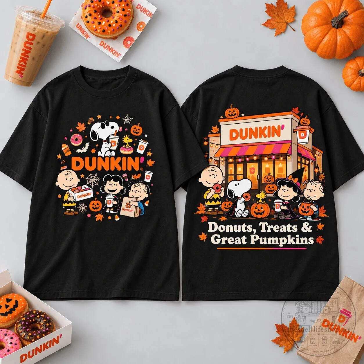 Dunkin Donuts Peanuts Halloween Snoopy Charlie Brown Fall Coffee T-Shirt