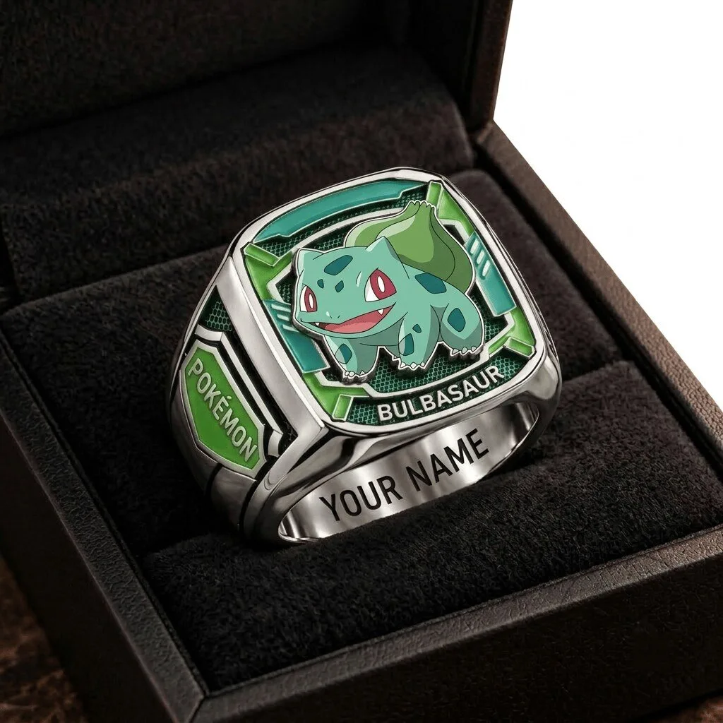 Bulbasaur Pokemon Custom Fan Art Silver Ring with Personalized Engraving