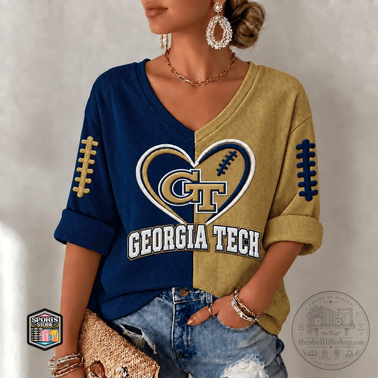 Georgia Tech Yellow Jackets Football Heart Design V-Neck Long Sleeve Shirt