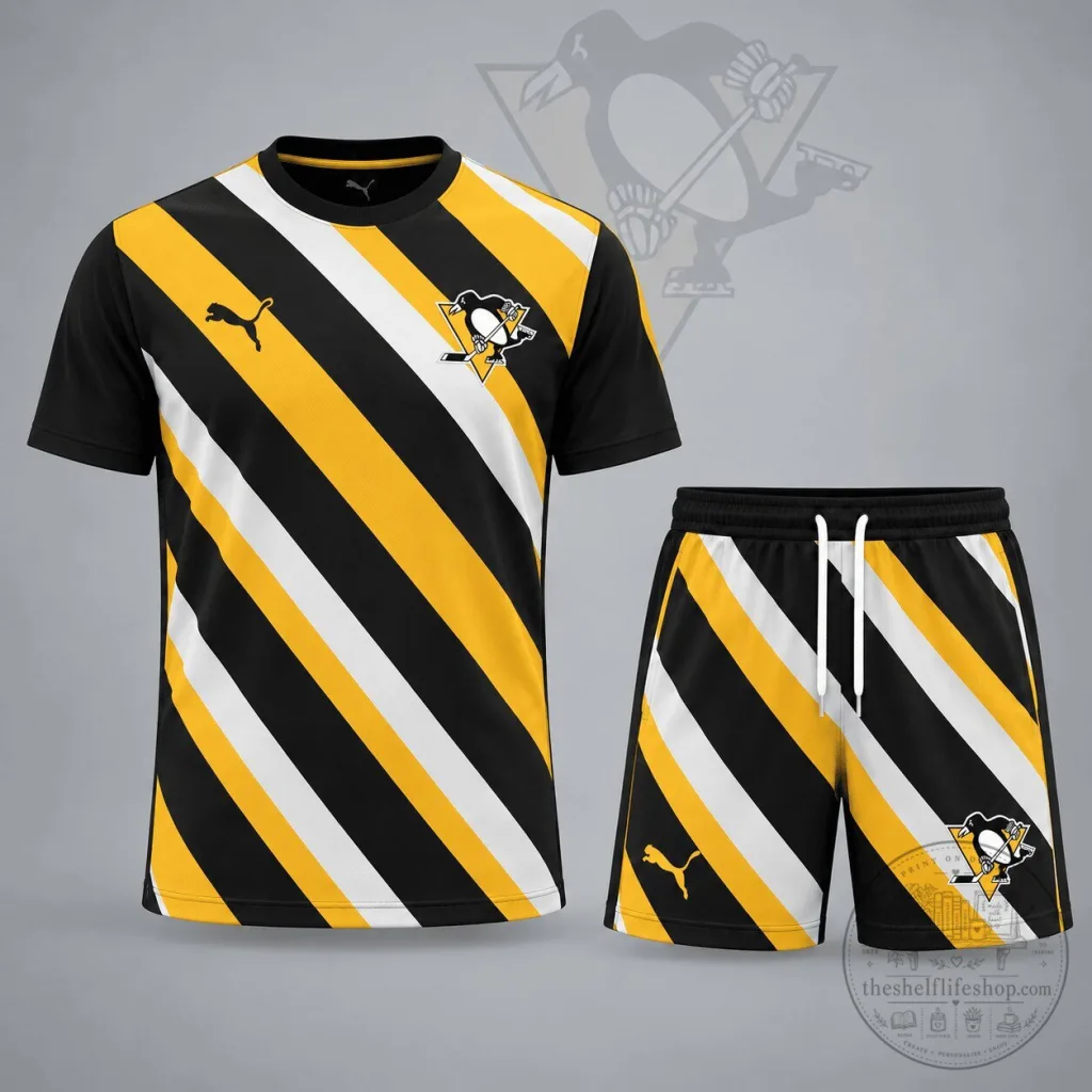Pittsburgh Penguins Black Gold White Diagonal Stripe Hockey Jersey and Shorts Set Pittsburgh Penguins Black Gold White Diagonal Stripe Hockey Jersey and Shorts Set