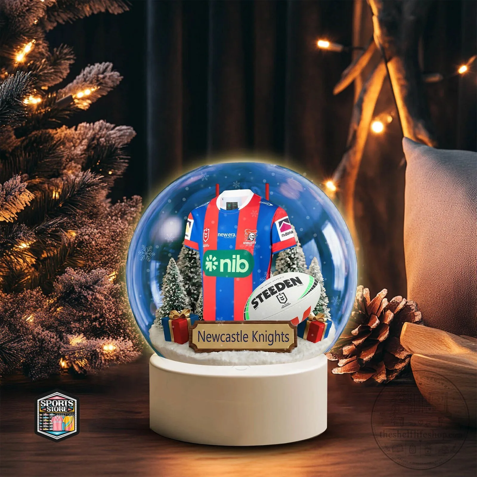 Newcastle Knights Rugby League Christmas Snow Globe Ornament