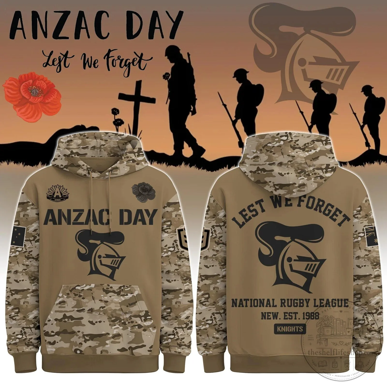 Newcastle Knights Anzac Day Lest We Forget Camouflage Hoodie 1 Newcastle Knights Anzac Day Lest We Forget Camouflage Hoodie