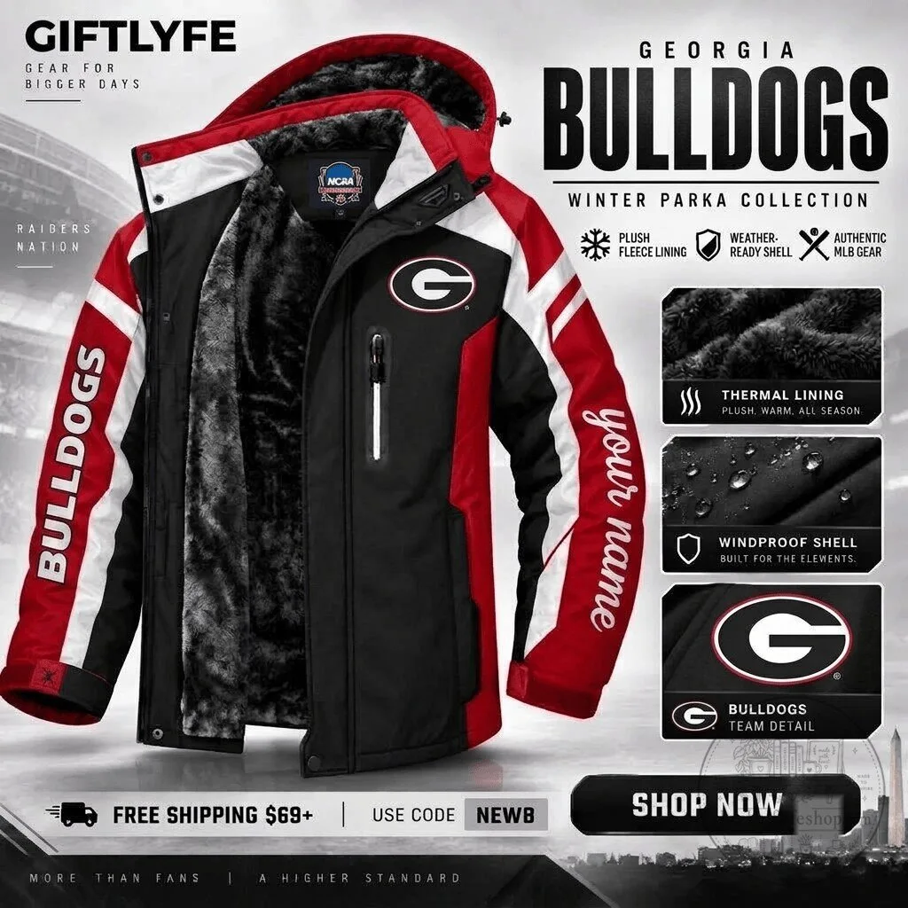 Georgia Bulldogs NCAA Football Team Winter Parka Jacket with Fleece Lining