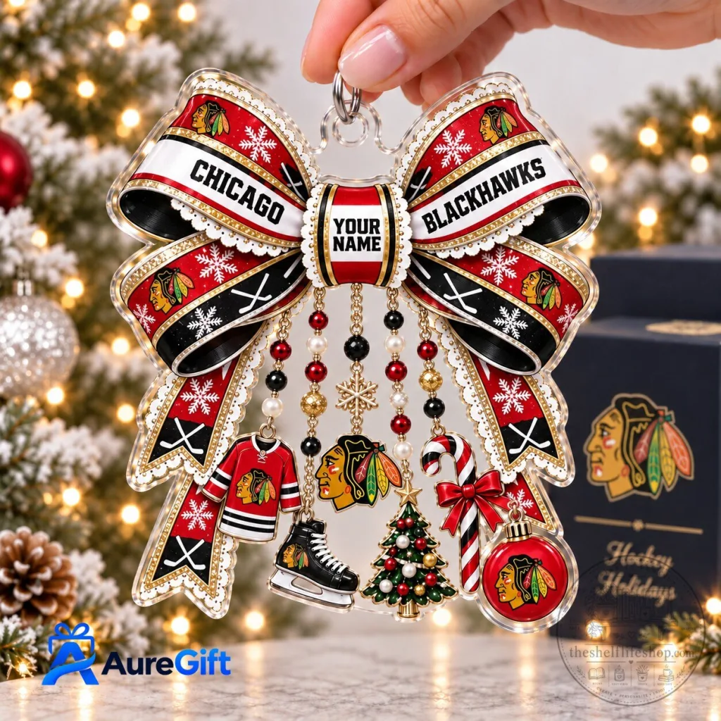 Chicago Blackhawks Personalized Christmas Bow Acrylic Ornament Chicago Blackhawks Personalized Christmas Bow Acrylic Ornament