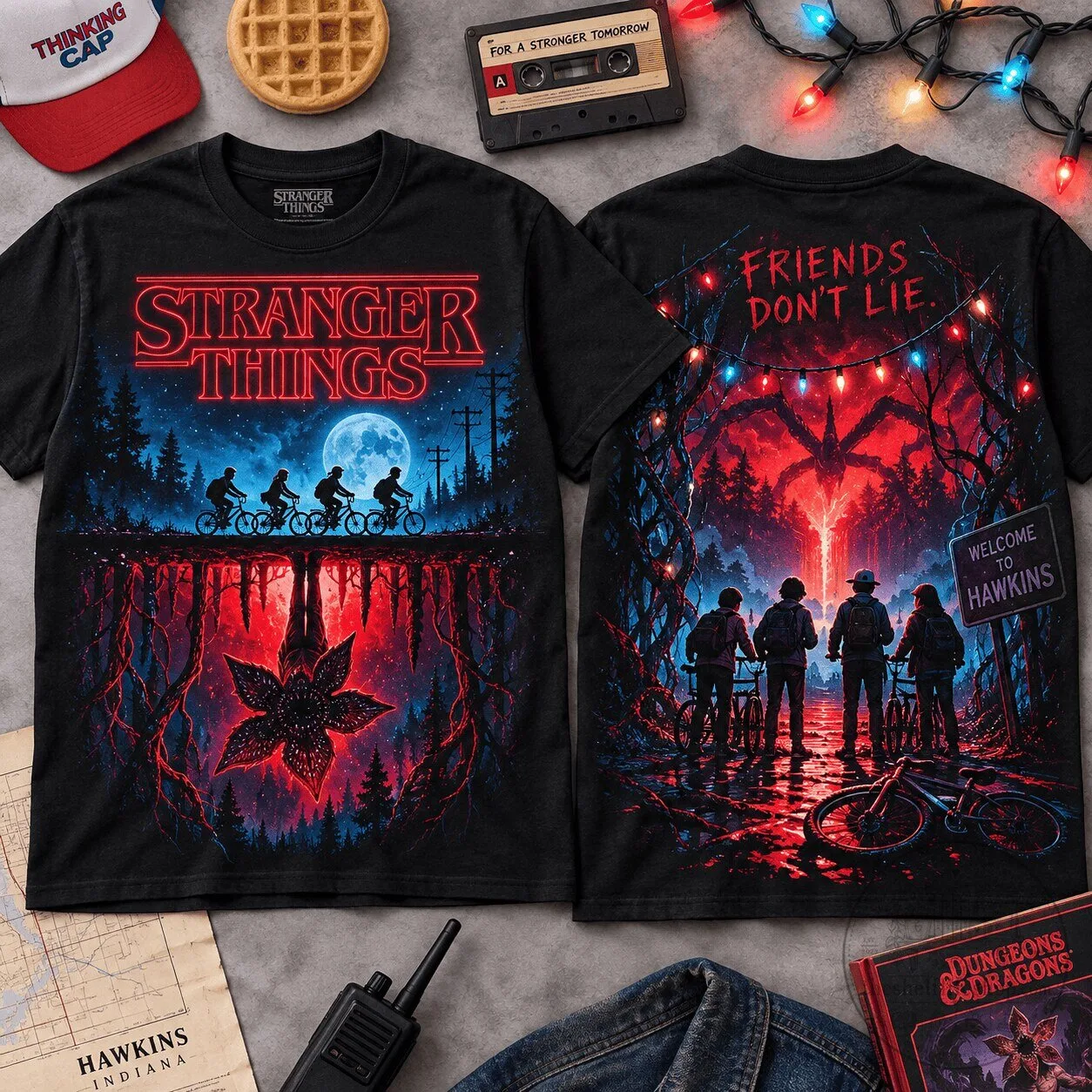 Stranger Things Friends Don't Lie Upside Down Hawkins Black T-Shirt 1 Stranger Things Friends Don't Lie Upside Down Hawkins Black T-Shirt