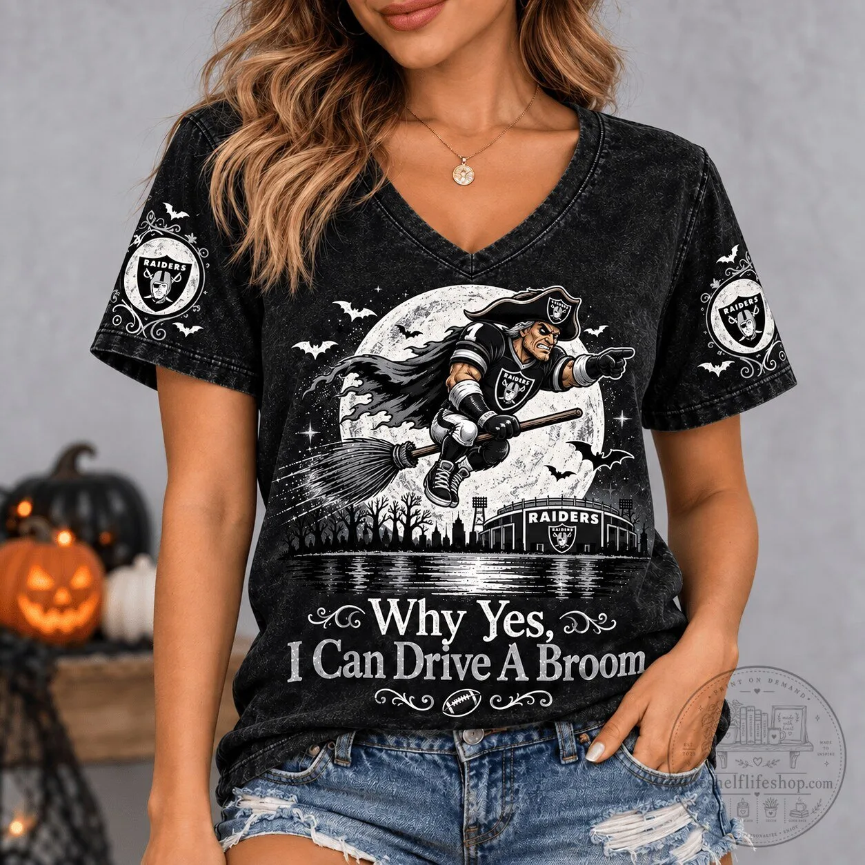 Las Vegas Raiders Halloween Pirate Witch Flying Broom V-Neck T-Shirt