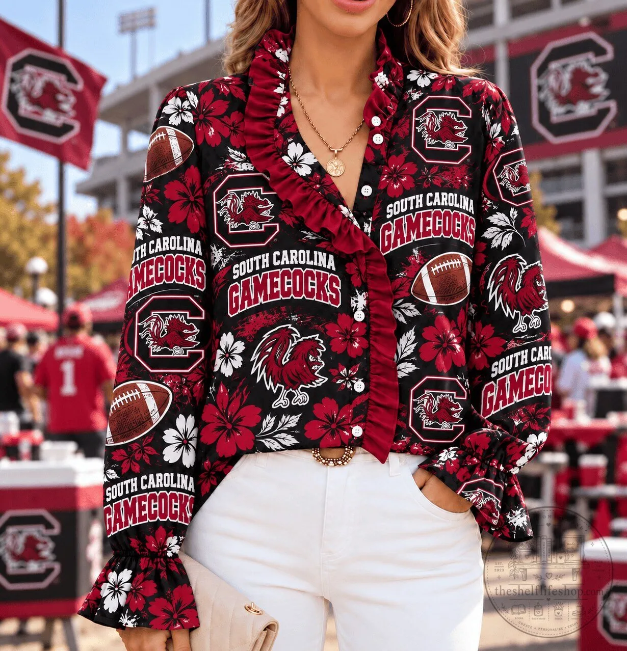 South Carolina Gamecocks Floral Ruffle Blouse Long-Sleeve Shirt for Women