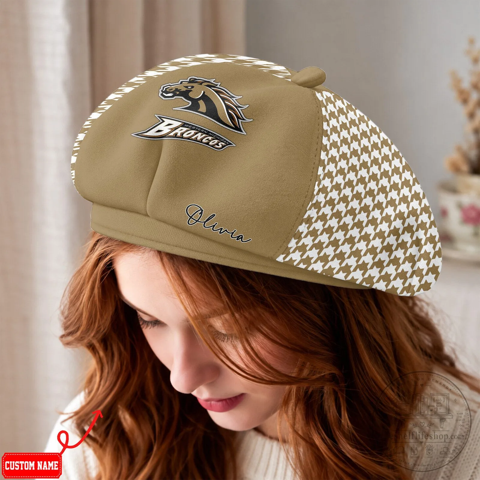 Western Michigan Broncos NCAA Houndstooth Custom Name Beret Cap Hat