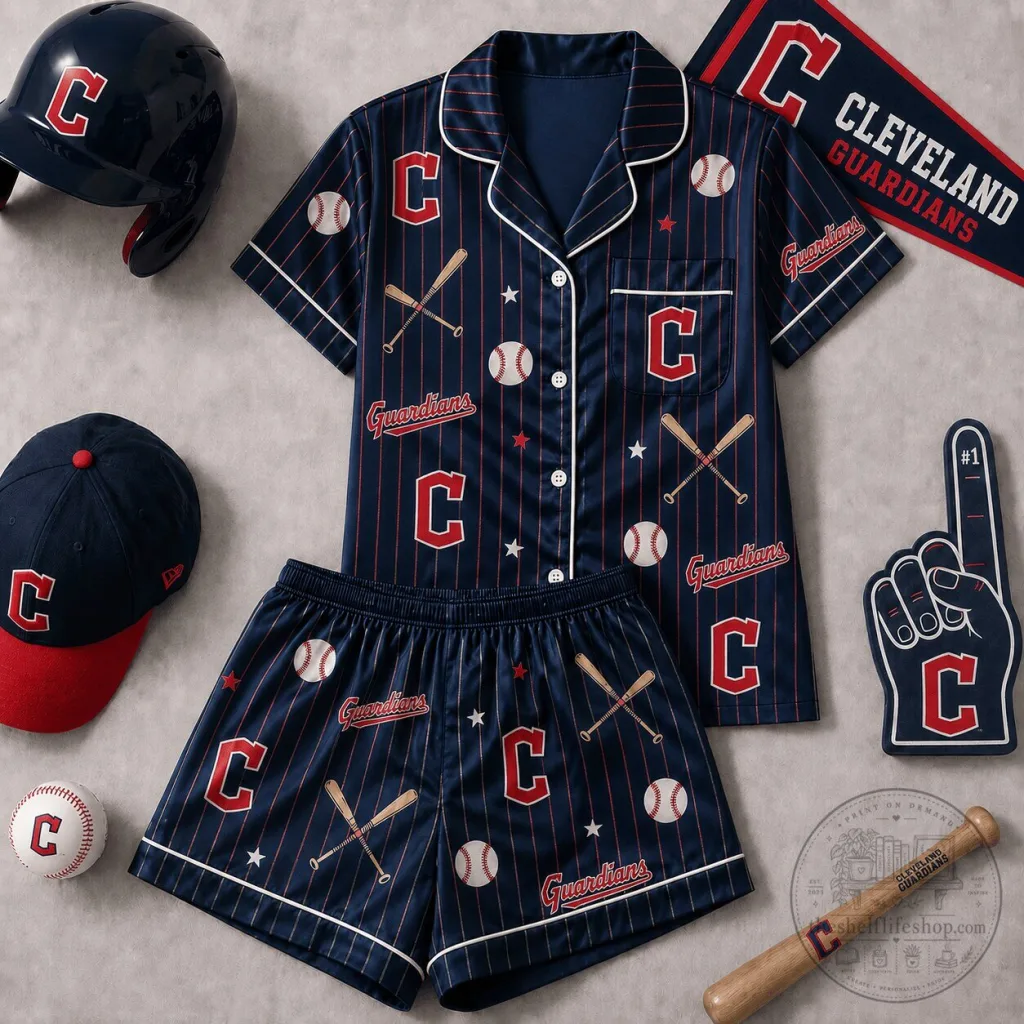 Cleveland Guardians Baseball Patterned Short Sleeve Pajamas Set Cleveland Guardians Baseball Patterned Short Sleeve Pajamas Set