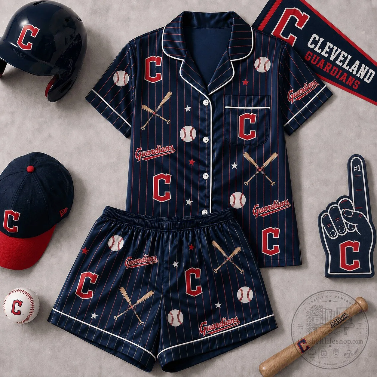 Cleveland Guardians Baseball Patterned Short Sleeve Pajamas Set 5 Cleveland Guardians Baseball Patterned Short Sleeve Pajamas Set