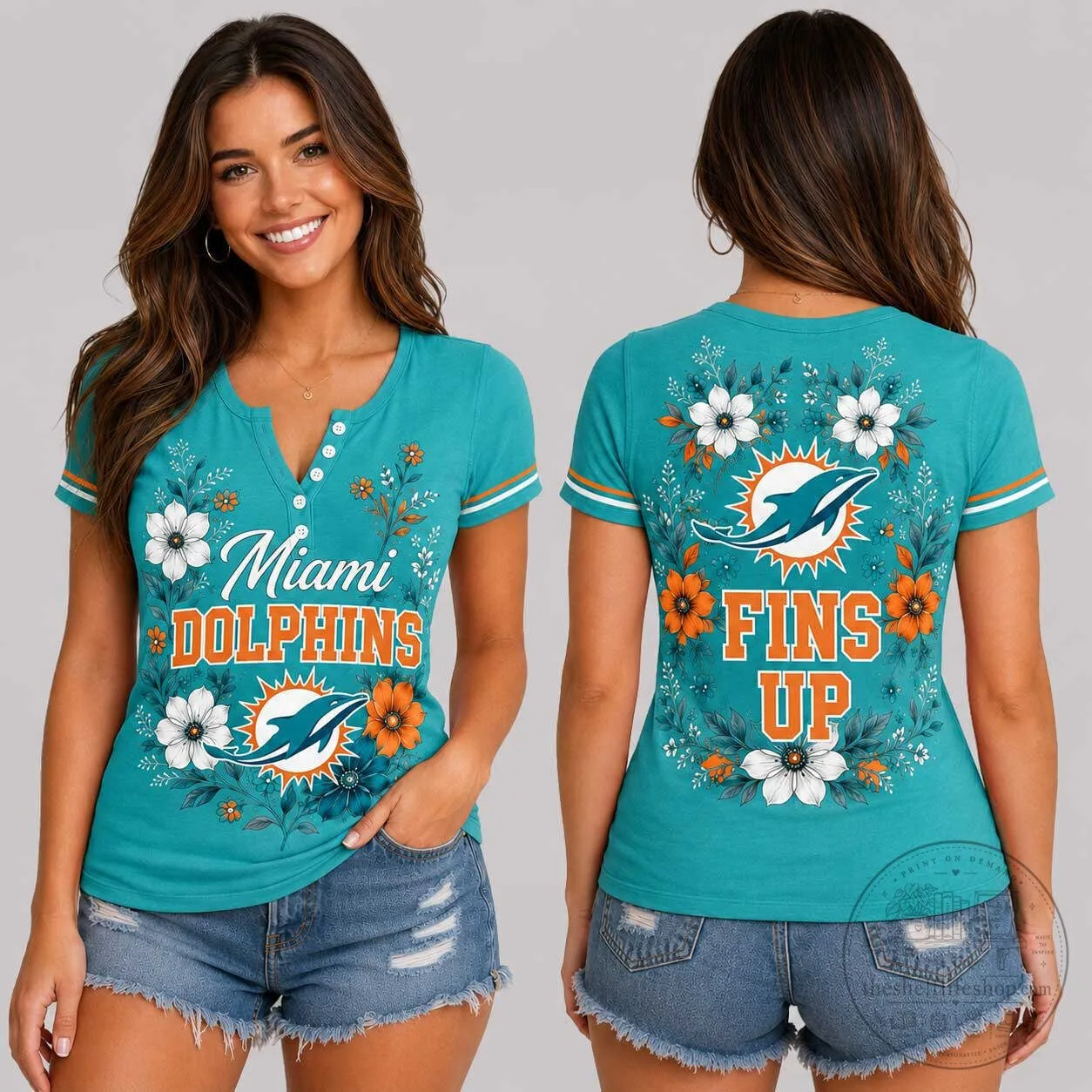 Miami Dolphins Women's Floral Game Day V-Neck Short Sleeve T-Shirt