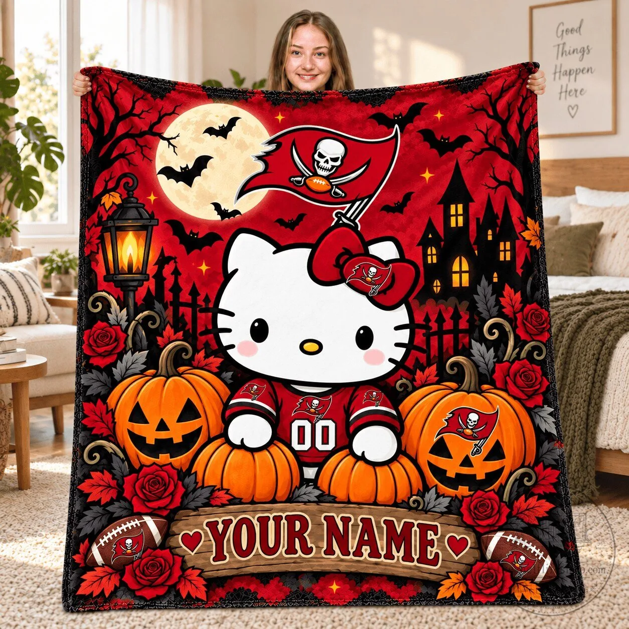 Hello Kitty Tampa Bay Buccaneers Halloween Moon Fleece Blanket