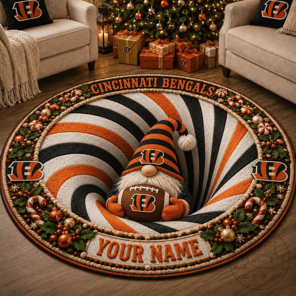 Cincinnati Bengals Gnome Swirl Personalized Round Christmas Holiday Rug