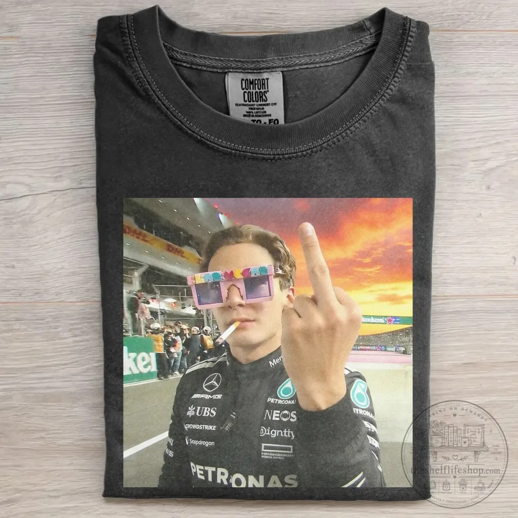 Middle Finger Meme T-Shirt with George Russell for Formula One Racing Fans Middle Finger Meme T-Shirt with George Russell for Formula One Racing Fans