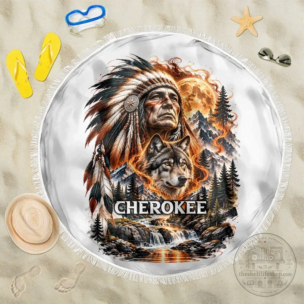 Cherokee Wolf and Native Chief Beach Blanket with Fiery Moon and Mountain Art