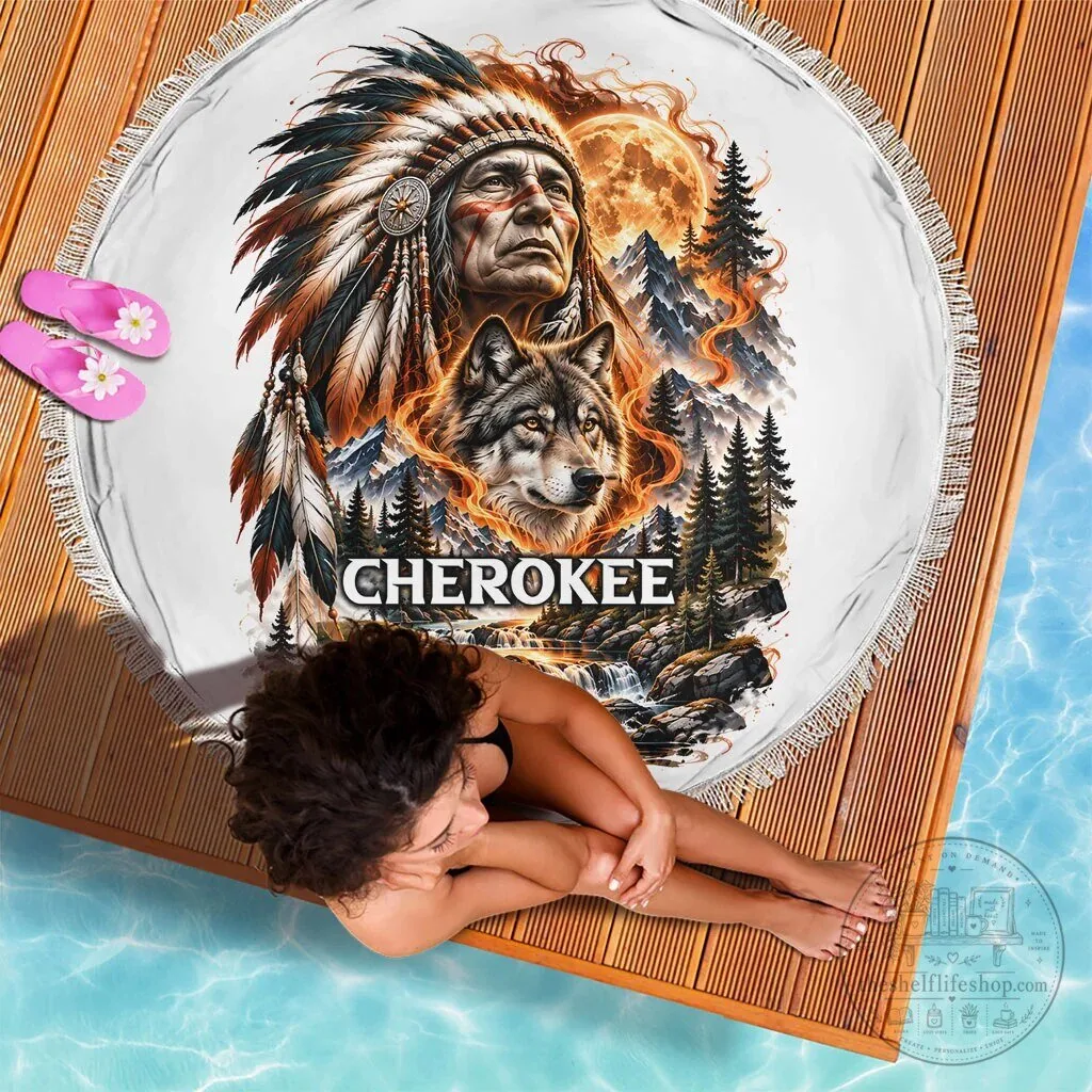 Cherokee Wolf and Native Chief Beach Blanket with Fiery Moon and Mountain Art 10 Cherokee Wolf and Native Chief Beach Blanket with Fiery Moon and Mountain Art