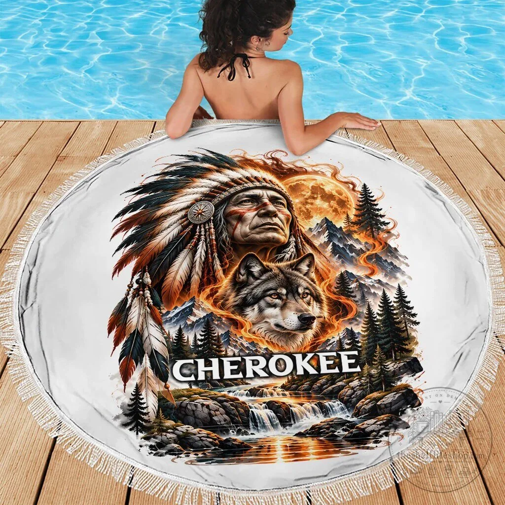 Cherokee Wolf and Native Chief Beach Blanket with Fiery Moon and Mountain Art 11 Cherokee Wolf and Native Chief Beach Blanket with Fiery Moon and Mountain Art