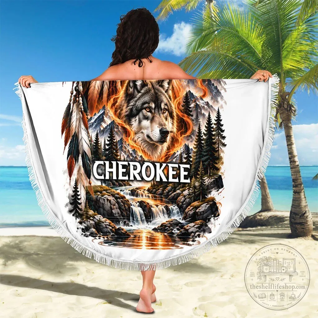 Cherokee Wolf and Native Chief Beach Blanket with Fiery Moon and Mountain Art 12 Cherokee Wolf and Native Chief Beach Blanket with Fiery Moon and Mountain Art