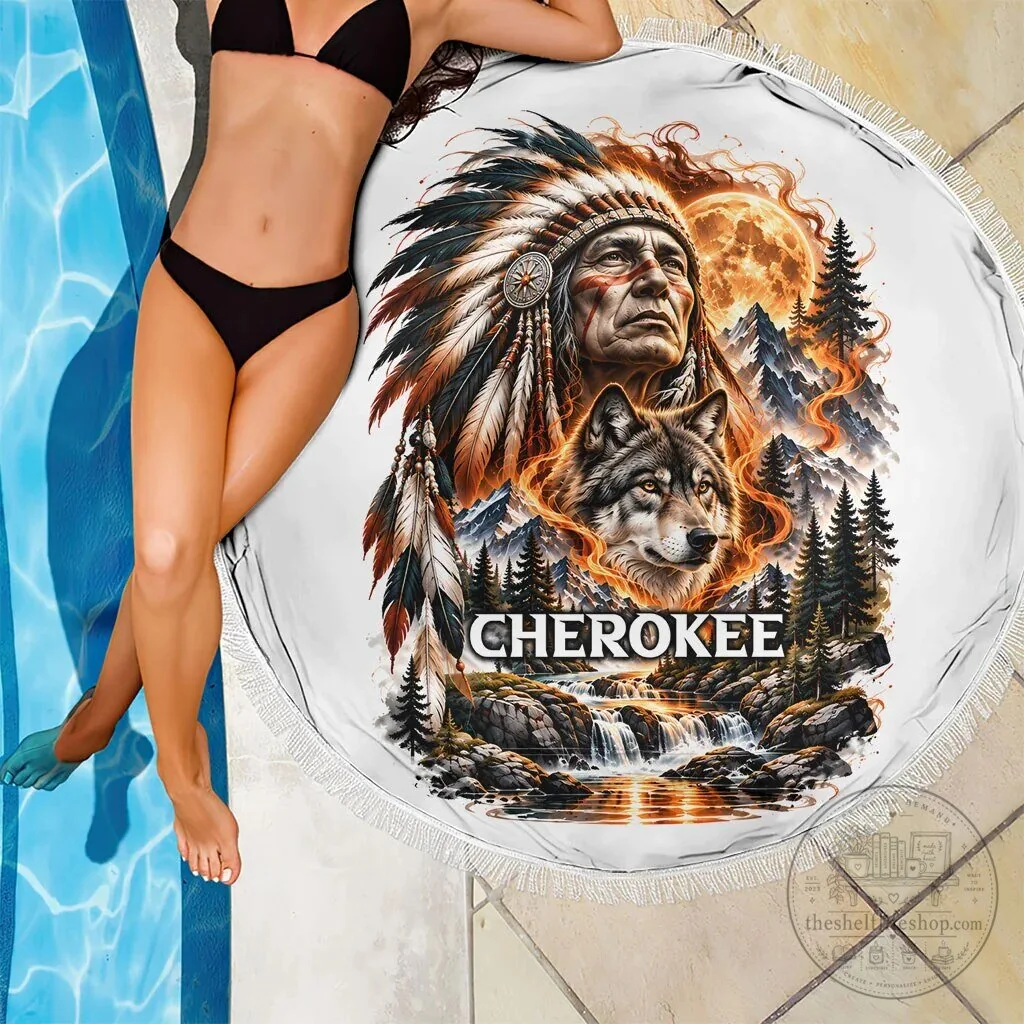 Cherokee Wolf and Native Chief Beach Blanket with Fiery Moon and Mountain Art 13 Cherokee Wolf and Native Chief Beach Blanket with Fiery Moon and Mountain Art