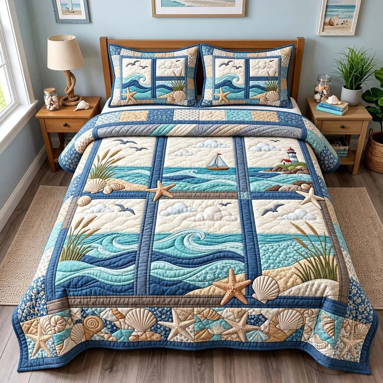 Coastal Ocean Windows Nautical Beach Quilted Bedding Set