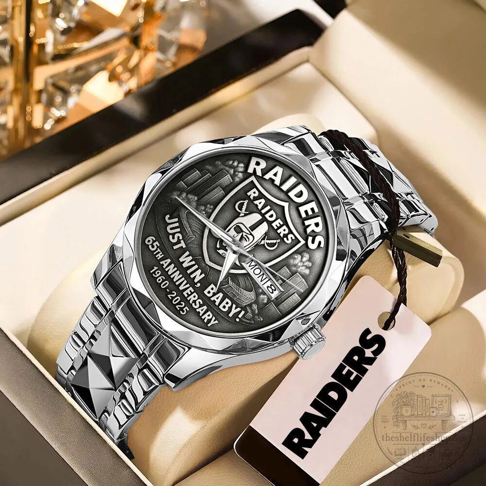 Las Vegas Raiders 65th Anniversary Just Win Baby Silver Quartz Watch