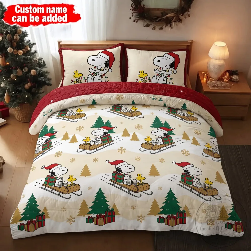 Snoopy and Woodstock Christmas Sledding Personalized Quilt Bedding Set Snoopy and Woodstock Christmas Sledding Personalized Quilt Bedding Set