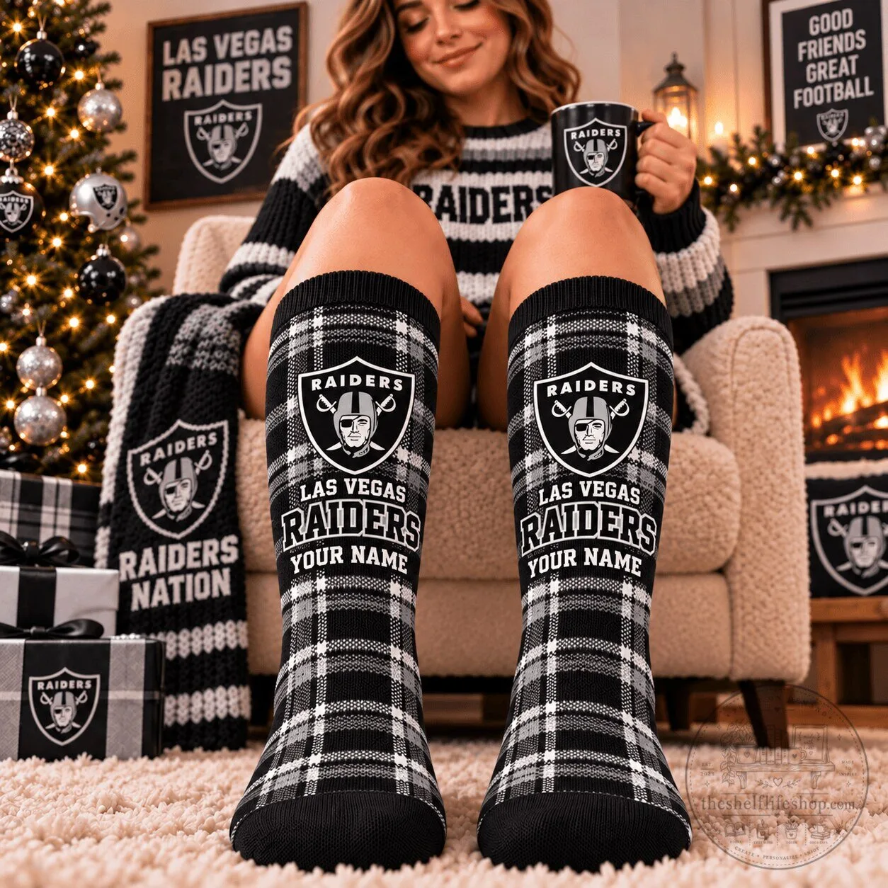 Las Vegas Raiders NFL Plaid Custom Name Black and White Crew Socks