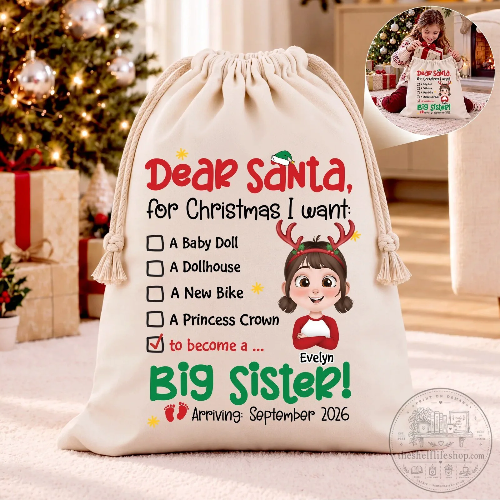 Dear Santa Big Sister Christmas Announcement Drawstring Gift Bag