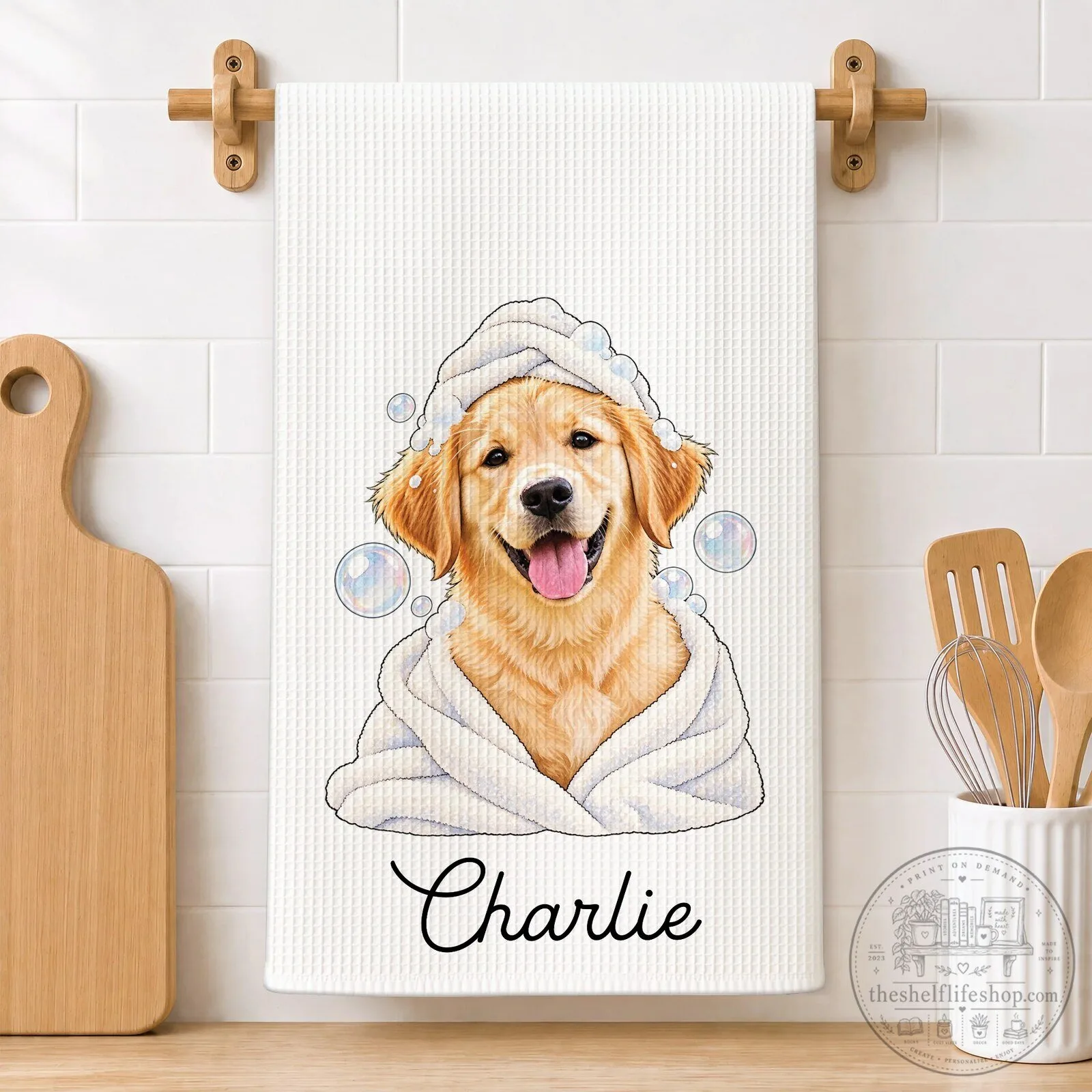 Personalized Golden Retriever Dog Spa Day Pet Photo Kitchen Towel