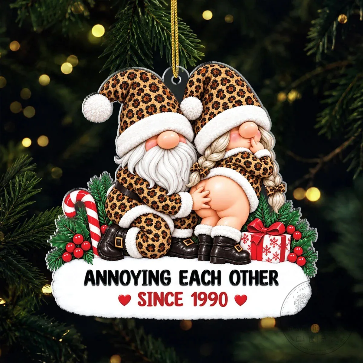 Annoying Each Other Since 1990 Leopard Gnome Couple Christmas Tree Ornament