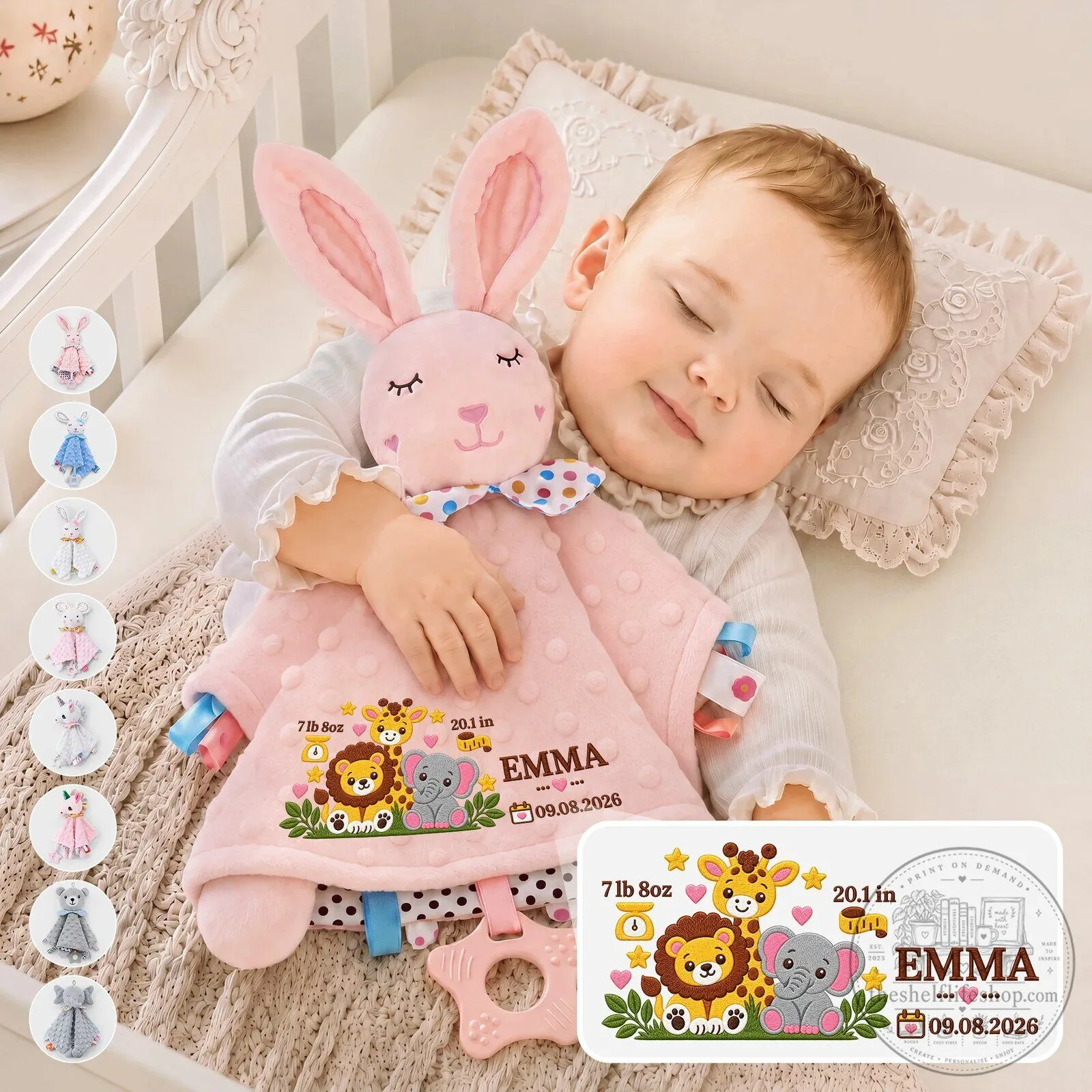 Personalized Baby Birth Details Safari Animals Pink Bunny Security Blanket 1 Personalized Baby Birth Details Safari Animals Pink Bunny Security Blanket