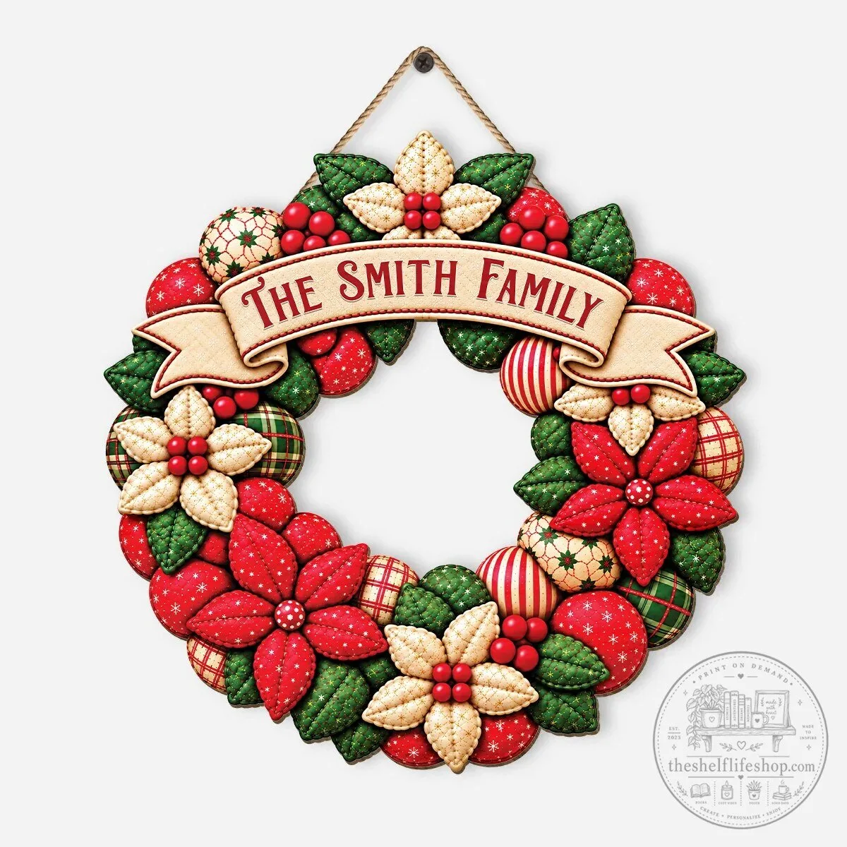 Personalized Christmas Wreath Family Name Holiday Door Decoration Sign