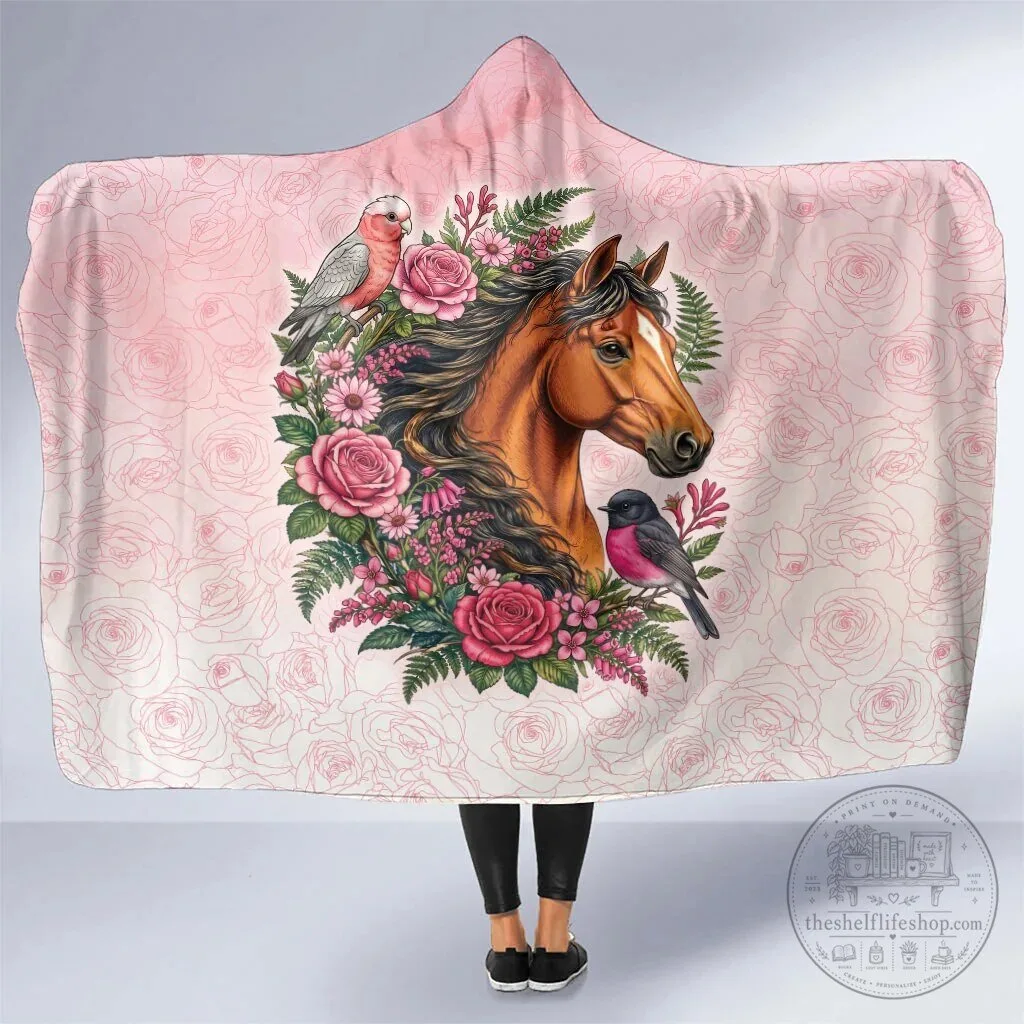 Pink Rose Wreath Horse Galah Cockatoo Robin Hooded Wearable Blanket