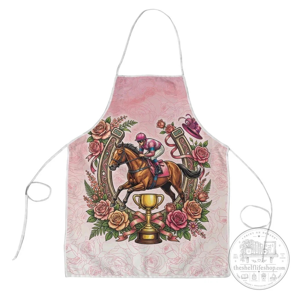 Melbourne Horse Racing Jockey Floral Horseshoe Pink Rose Kitchen Apron