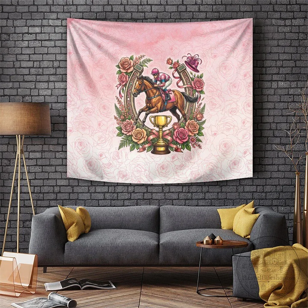 Melbourne Horse Racing Floral Horseshoe Pink Rose Equestrian Wall Tapestry