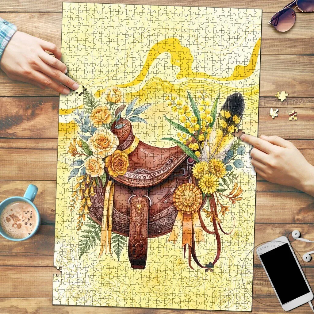 Melbourne Horse Floral Saddle Yellow Rose With Wattle Flowers Jigsaw Puzzle
