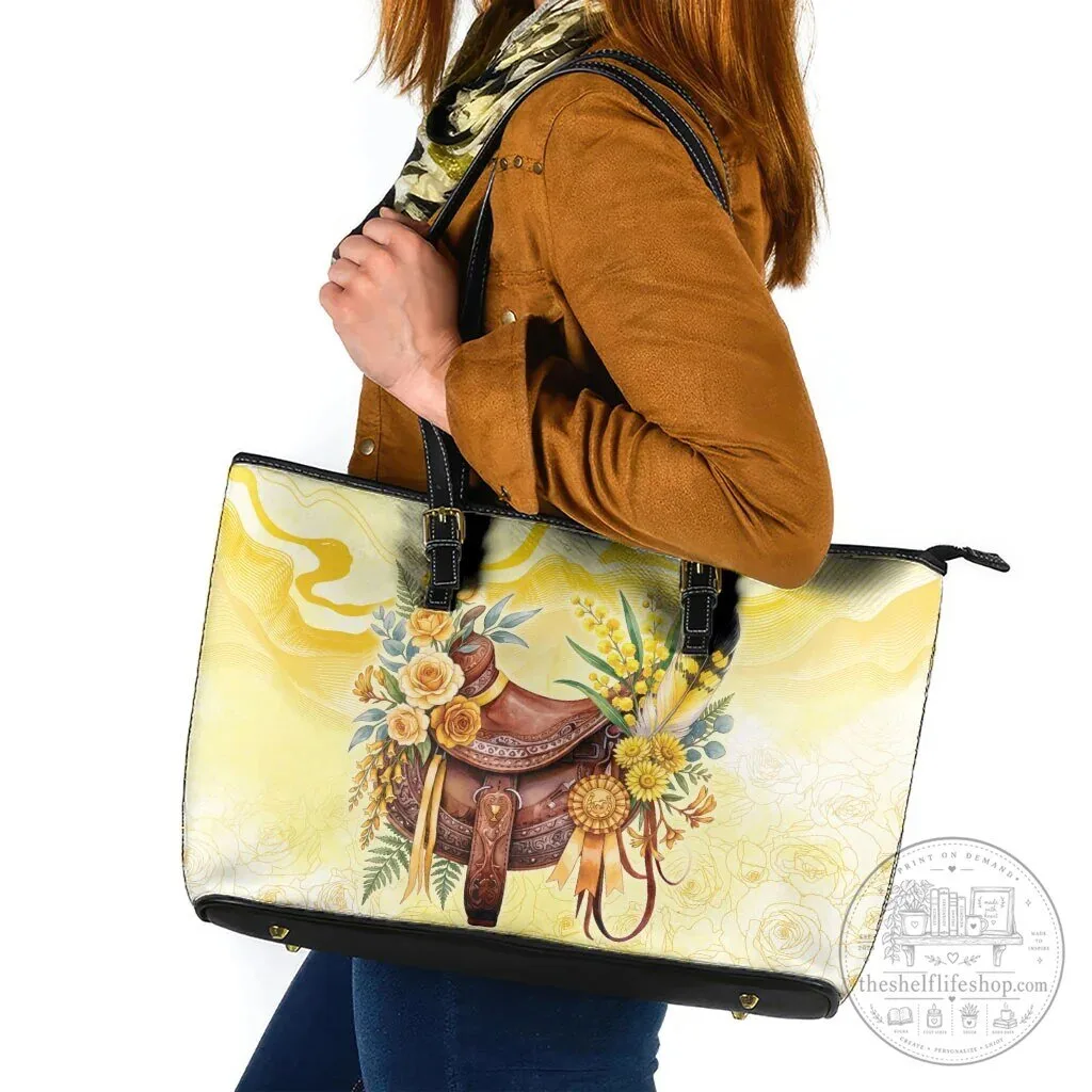 Melbourne Horse Floral Saddle Yellow Rose Wattle Flowers Leather Tote Bag