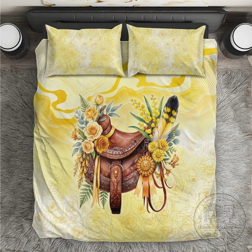 Yellow Rose and Wattle Flowers Horse Saddle Floral Bedding Set
