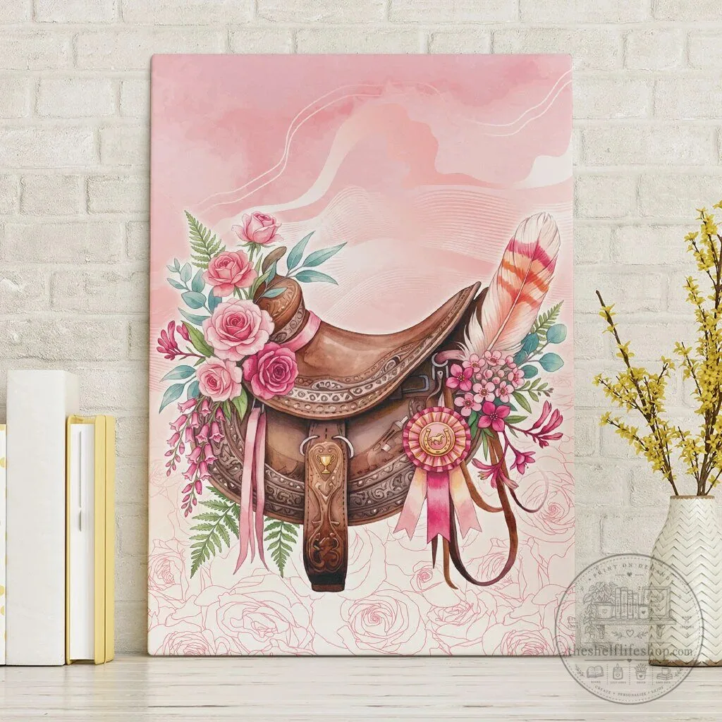 Pink Floral Horse Saddle Watercolor Painting Canvas Wall Art for Equestrian Decor