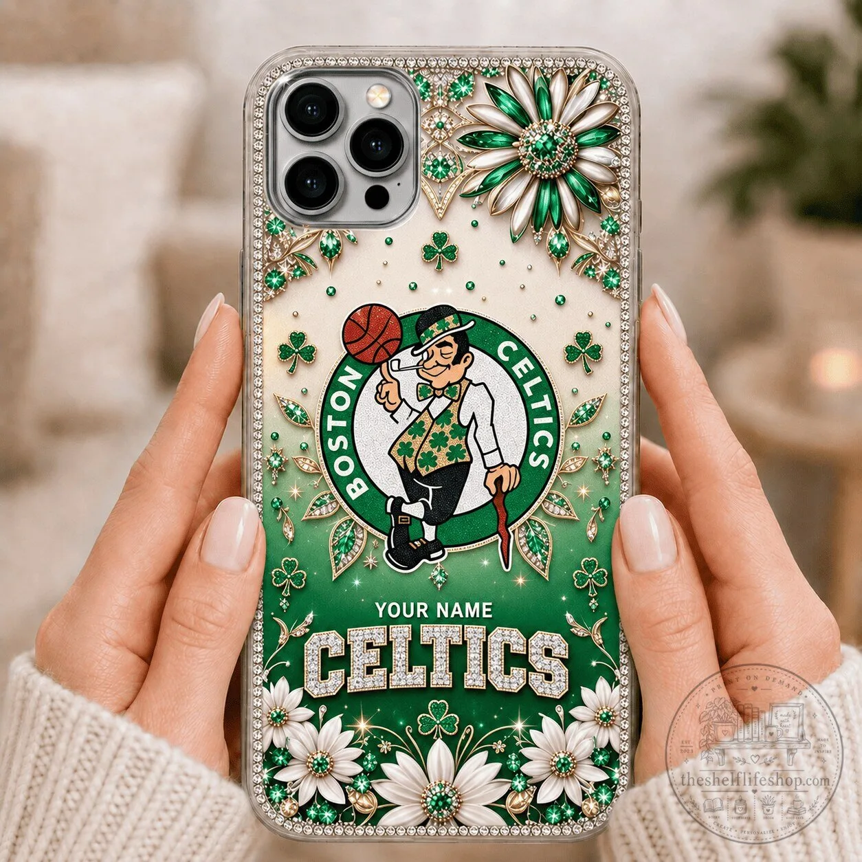 Boston Celtics Emerald Clover Custom Name iPhone Case For Basketball Fans