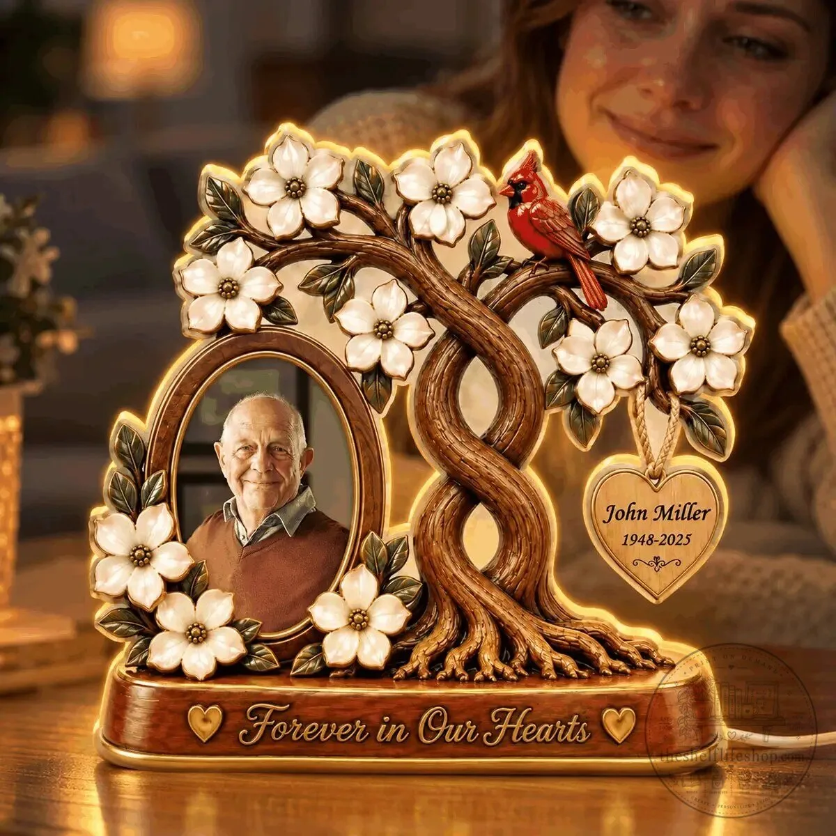 Personalized Memorial Family Tree Photo Light Box with Cardinal and Dogwood Flowers